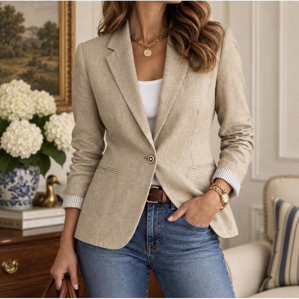 J.Crew Campbell Blazer 6 Beige Linen Nautical Anchor Button Striped Lining